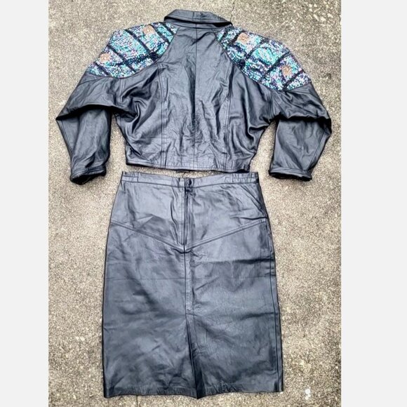 Vintage Real Leather Sequin Beaded Jacket Skirt Set Women XL Biker Western Disco - Picture 6 of 16